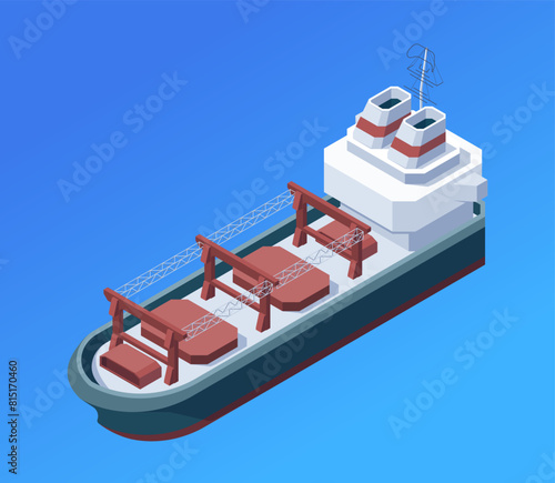 An isometric vector illustration of a cargo ship with containers on a blue background, depicting transportation concept