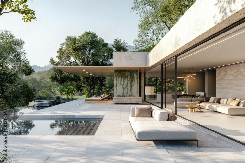Fototapeta premium Modern Cover. Sunny Home Luxury Patio Showcase in Calm Atmosphere