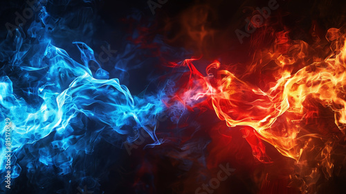 Energetic clash of red and blue abstract light waves encapsulating 'VS', symbolizing opposition in politics, sports, or debate.