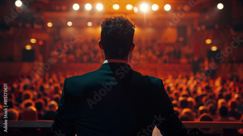 Back view of a speaker at a podium facing a vast audience, symbolizing the power of communication and mass engagement.