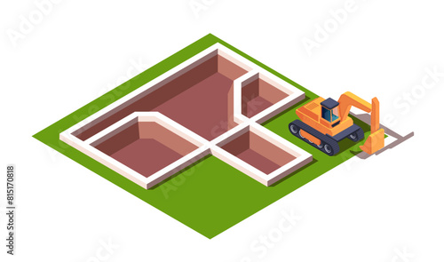 Isometric illustration of a construction site with an excavator at an unfinished building foundation, on a green background, concept of construction. Vector illustration isolated on white background