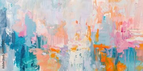 Abstract painting of a cityscape with a light blue and orange color palette.
