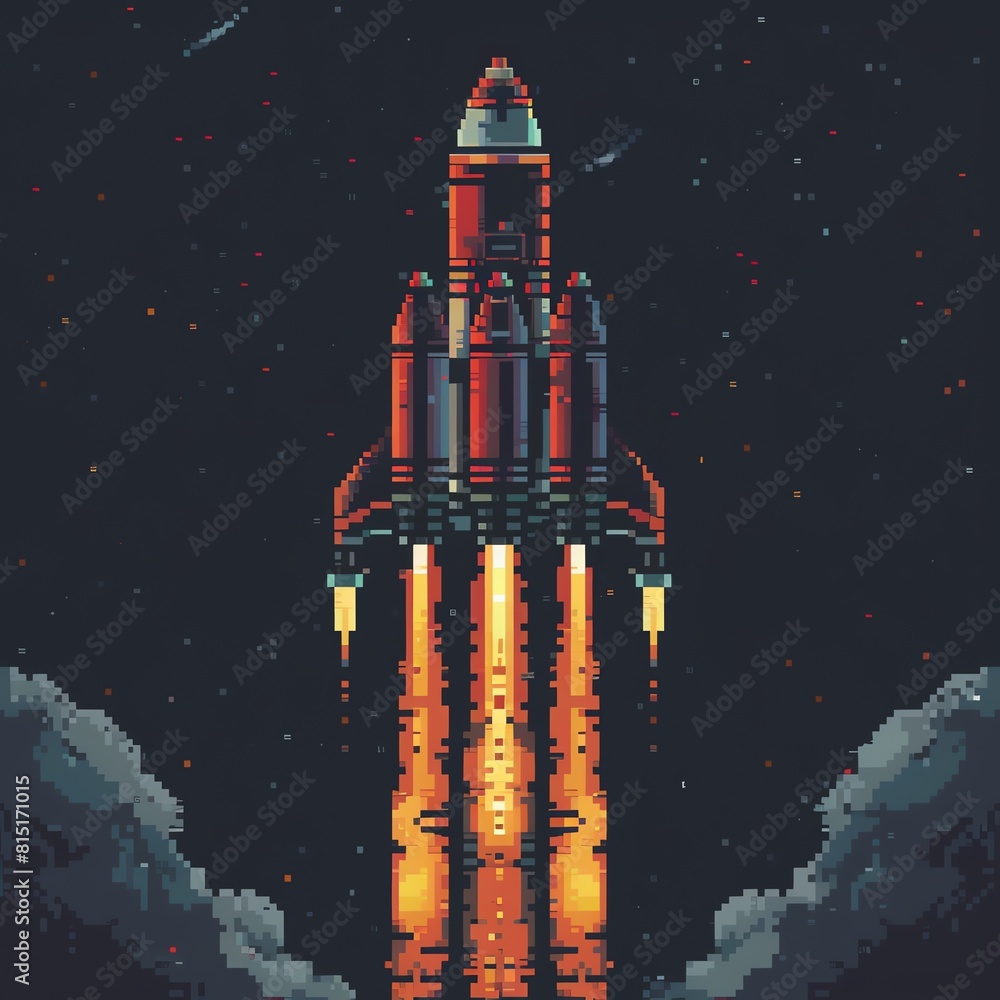 Naklejka premium A pixel art animation of a rocket launching into space