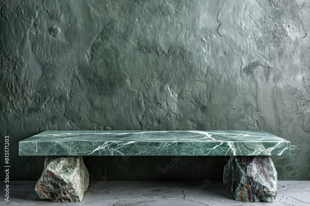 Blank wall of green marble with stone bench and concrete floor, display for products or montage