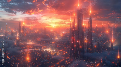 Futuristic cityscape with buildings projecting bright beams into the night sky