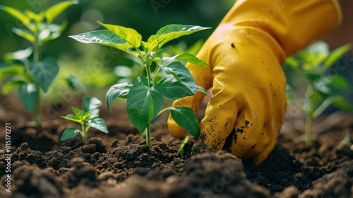 Person in yellow gloves planting of young seedlings sweet bell pepper in garden with rich soil and sunlight, healthy vegetarian organic food
