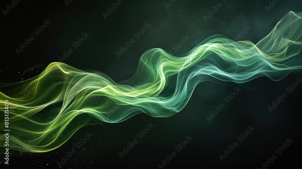 Flowing streams of green smoke on black background, background wallpaper with intricate luminous waves and shiny particles, banner for web Flowing streams of green smoke on black background, background wallpaper with intricate luminous waves and shiny particles, banner for web