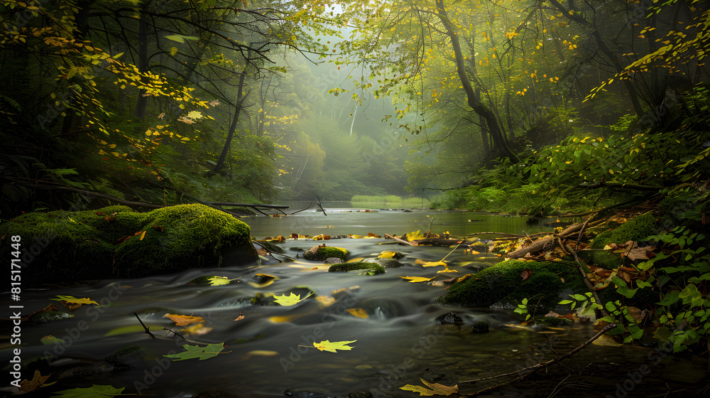 Whispers of Wilderness: A Forest Stream Amidst Lush Greenery with a Mountainous Backdrop