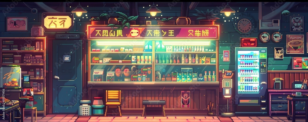 A pixel art convenience store with a counter, shelves stocked with drinks and snacks, a fish tank, and a vending machine in the back A pixel art convenience store with a counter, shelves stocked with drinks and snacks, a fish tank, and a vending machine in the back
