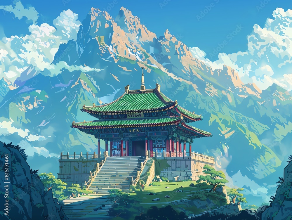 A beautiful Chinese temple sits on a mountaintop A beautiful Chinese temple sits on a mountaintop