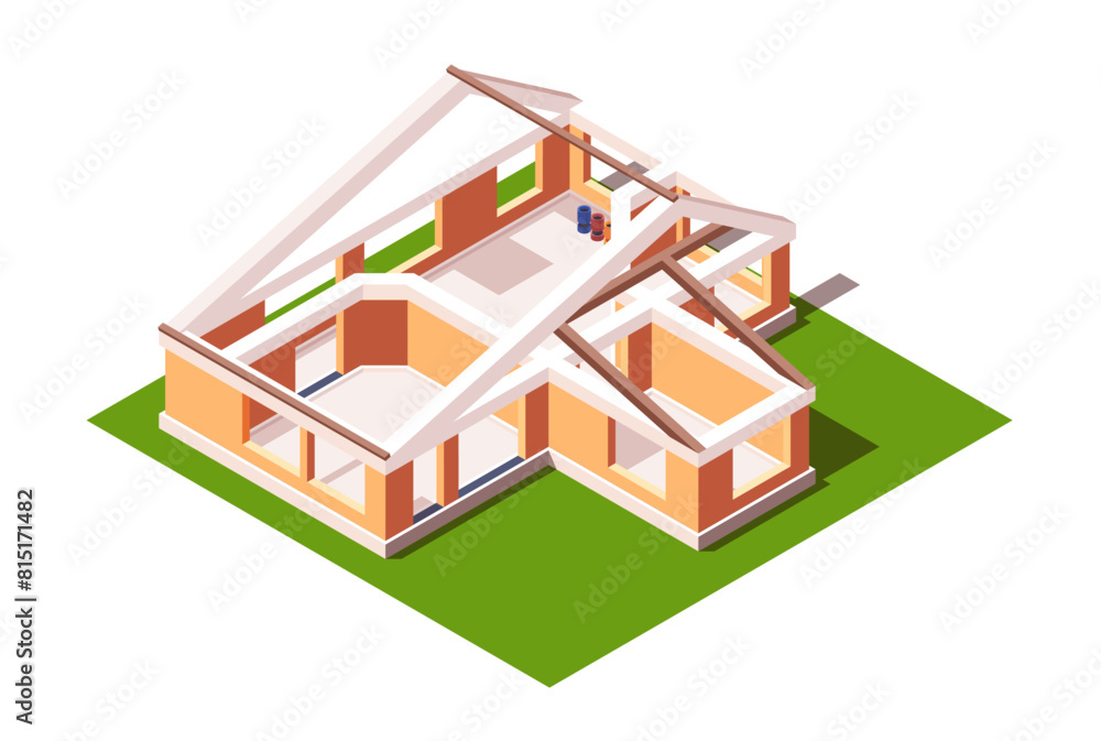 Unfinished house with visible interior rooms on a white background, concept of construction. An isometric vector illustration isolated on white background Unfinished house with visible interior rooms on a white background, concept of construction. An isometric vector illustration isolated on white background