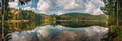 Outdoor Scenery. Beautiful Czech Landscape with Mountain Lake in Forest Panorama