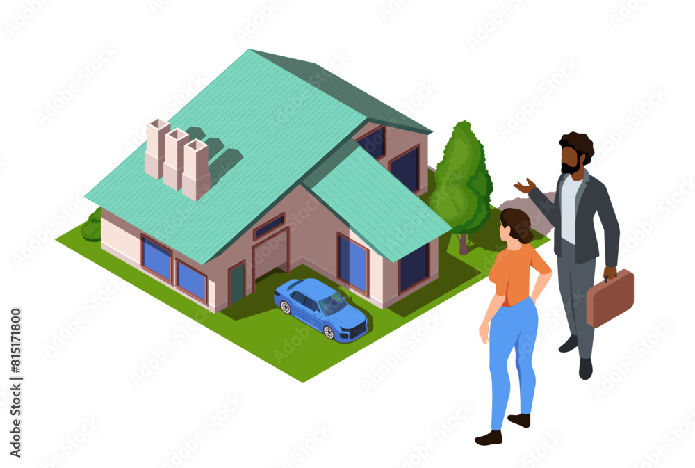 Two people next to a house with a car, concept of real estate. Isometric vector illustration isolated on white background Two people next to a house with a car, concept of real estate. Isometric vector illustration isolated on white background