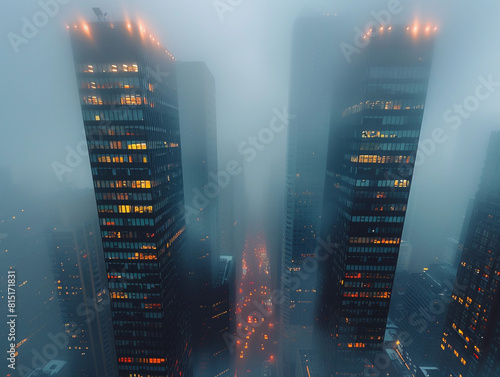Aerial View of Skyscrapers in Dense Fog