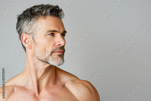Fabulous at any age. Portrait of charismatic muscular 50 years old man standing over light gray background. Perfect haircut and body. Close up. Copy-space. Studio shot