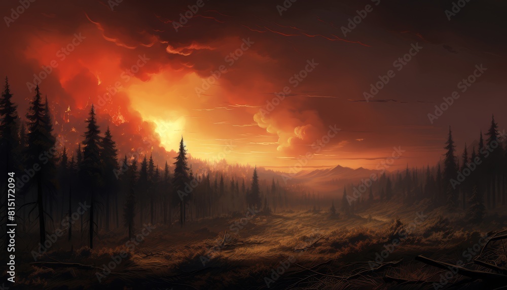 Majestic sunset over a forested landscape with fiery clouds and haze