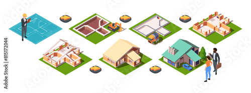 An isometric vector illustration of housing construction stages with characters and vehicles isolated on a white background, showcasing the building process