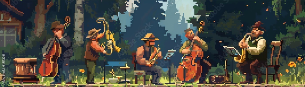 A pixelated image of a jazz band playing in a forest A pixelated image of a jazz band playing in a forest