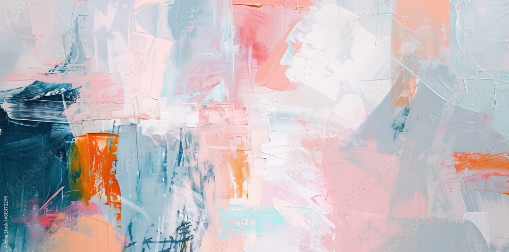 Abstract painting of a cityscape with a light blue and orange color palette. Abstract painting of a cityscape with a light blue and orange color palette.