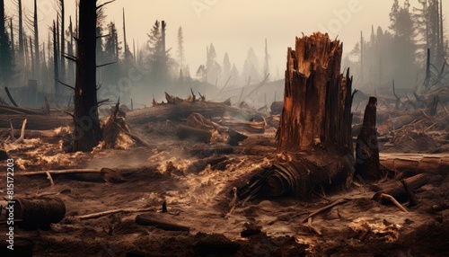 Devastated forest landscape after a severe wildfire, with burnt trees and ash-covered ground photo