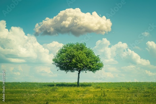 Cloud Tree. Fluffy Cloud Nestled in Tree Branches in Lush Green Landscape