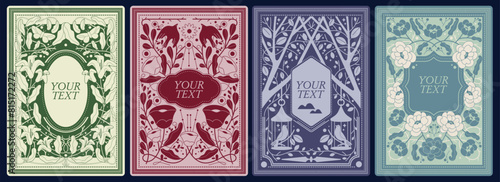 Set of ornate, decorative cards with floral and fauna ornaments, space for text. Elegant poster, banner, background, flyer. Cover for menu design, wedding invitation, brochure. vector illustration