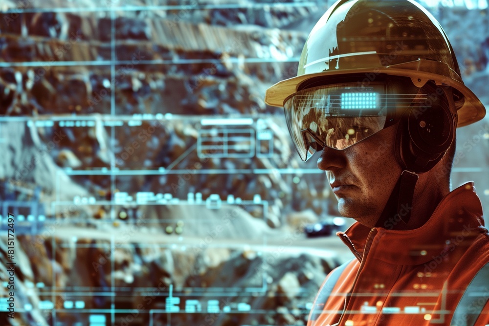 A male miner wearing a hard hat and safety glasses looks at a digital display of data while working in a mine. A male miner wearing a hard hat and safety glasses looks at a digital display of data while working in a mine.