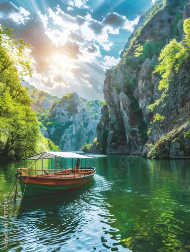 Wonderful spring view of Matka Canyon with small cruise boat. Sunny morning scene of North Macedonia  Europe. Traveling concept background