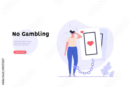 Concept of problem gambling, ludomania, behavioral addictions. Man addicted by betting suffering gambling addiction with playing cards. Vector illustration in flat design for web banner, UI