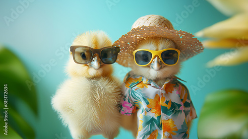 Irresistibly cute little chicks wearing Hawaiian shirts  hats  and sunglasses  ready for the beach  fun during hot summer days in the Mediterranean  in front of a monochrome background with warm and g