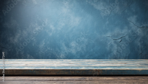 Empty wooden table for product display with blue cracked wall background