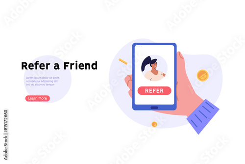 Concept of referral program, refer a friend service, sharing bonus with friends. Sign with holding hand in loyalty program earning gifts and money. Vector illustration in flat design for web banner photo