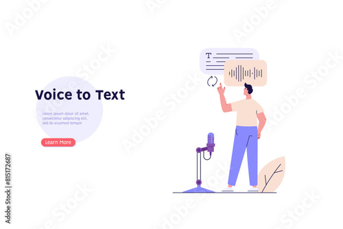 Concept of voice recognition, speech scanning, voice to text, speech recognition service. User recognizing voice and translating to text with speaker. Vector illustration in flat cartoon design