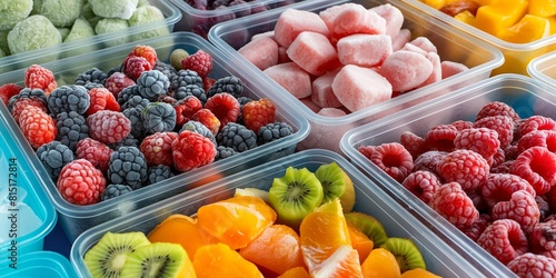 Frozen berries and fruits in plastic containers.