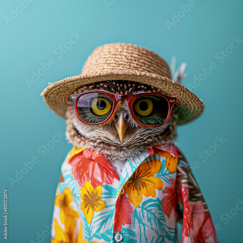 Irresistibly cute and clever owl wearing a Hawaiian shirt  hat  and glasses  ready for beach fun during hot summer days in the Mediterranean  against a monochrome background with warm and gentle color