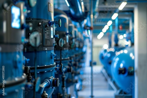 Industrial water cooling system. Blue pipes and pumps in perspective