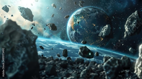 An awe inspiring 3D illustration showcases Earth surrounded by drifting asteroids and a lifeless planet capturing the haunting concept of the world s end