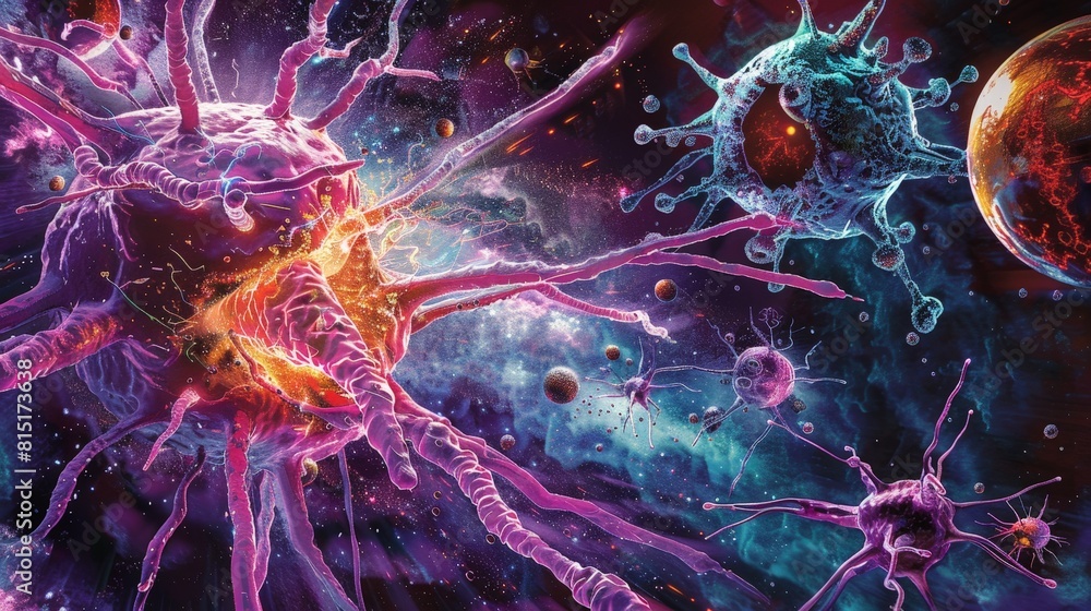 A swarm of microscopic nanobots attacking and destroying cancer cells in a cosmic battlefield A swarm of microscopic nanobots attacking and destroying cancer cells in a cosmic battlefield