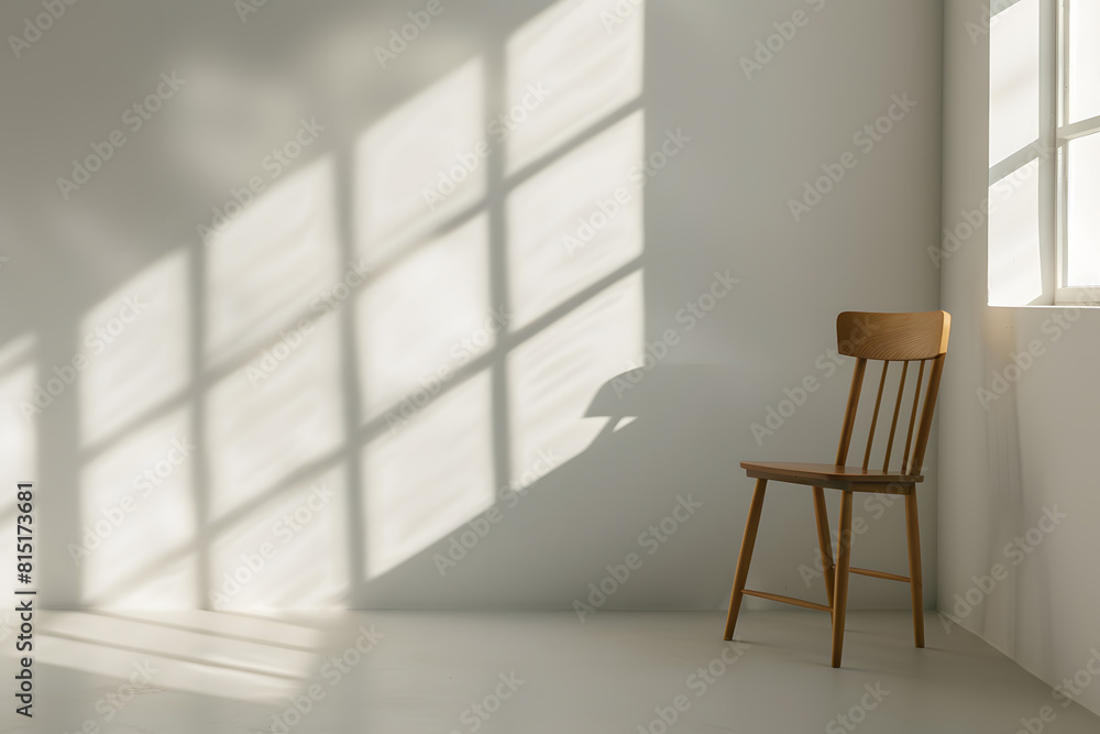 Fototapeta premium A wooden chair standing in a bright room with white walls close to the wall, lots of light, shadows from the window, scandinavian style