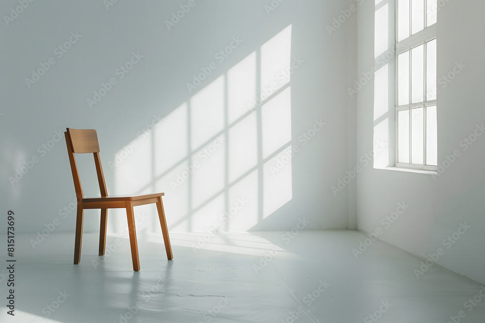 Fototapeta premium A wooden chair standing in a bright room with white walls close to the wall, lots of light, shadows from the window, scandinavian style