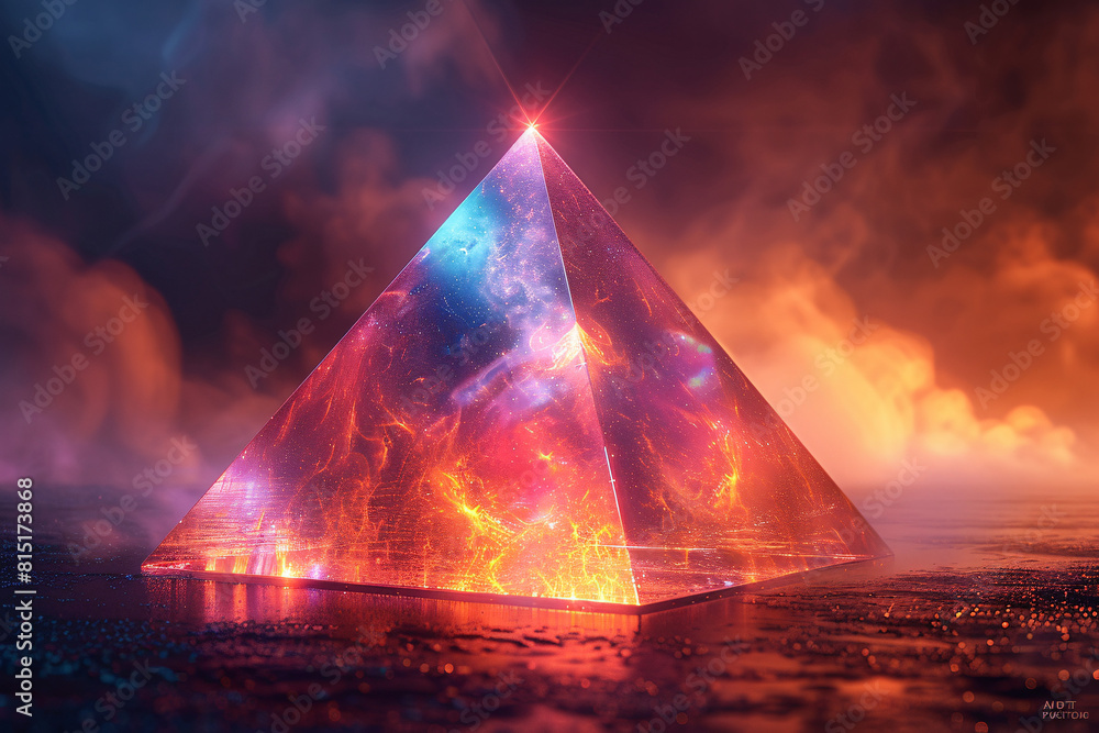 A 3D geometric shape with a holographic surface, reflecting vibrant iridescent colors and intricate light patterns, set against a dark background.