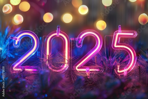2025 neon numbers, luminous New Year symbol, fluorescent 2025 greeting card, glowing sparkle