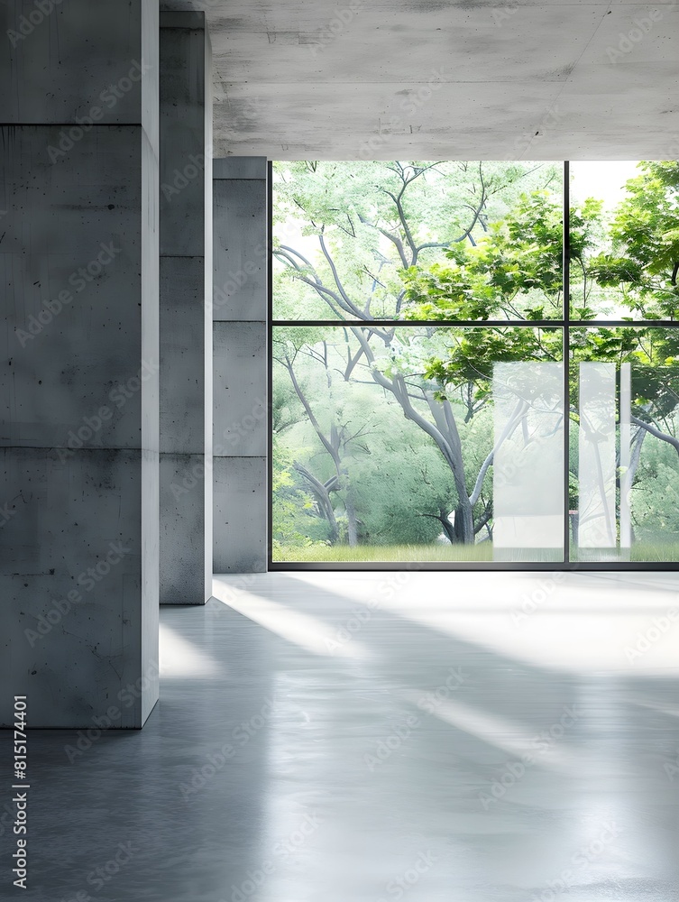 Space for products showcases in the concrete hallway with a park background. Space for products showcases in the concrete hallway with a park background.