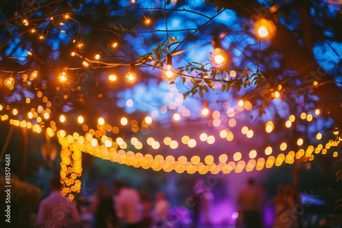 outdoor wedding, lights strung above the dance floor, blurry, out of focus, purple and yellow tones Generative AI