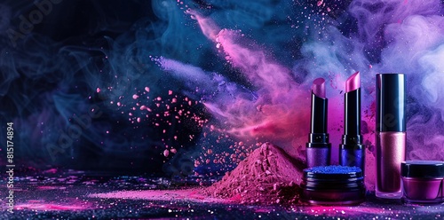A collection of colorful makeup products on an abstract background. photo