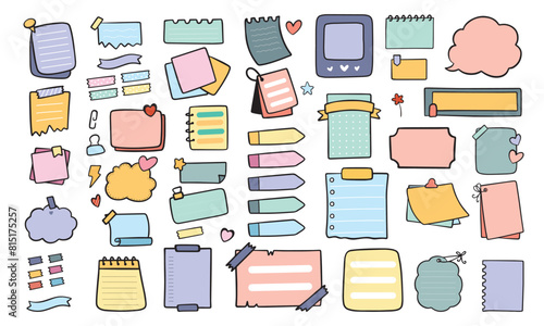 Colorful cute Note paper or sticky note, set of journal notes paper planning design. Pastel colors flat set. Notebook sticker, to do list, time planner, organization diary. Hand drawn vectors