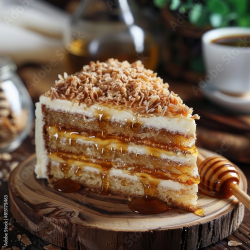 Honey cake slice, biscuit layered medovik dessert, homemade dessert with cream, sweet caramel pie