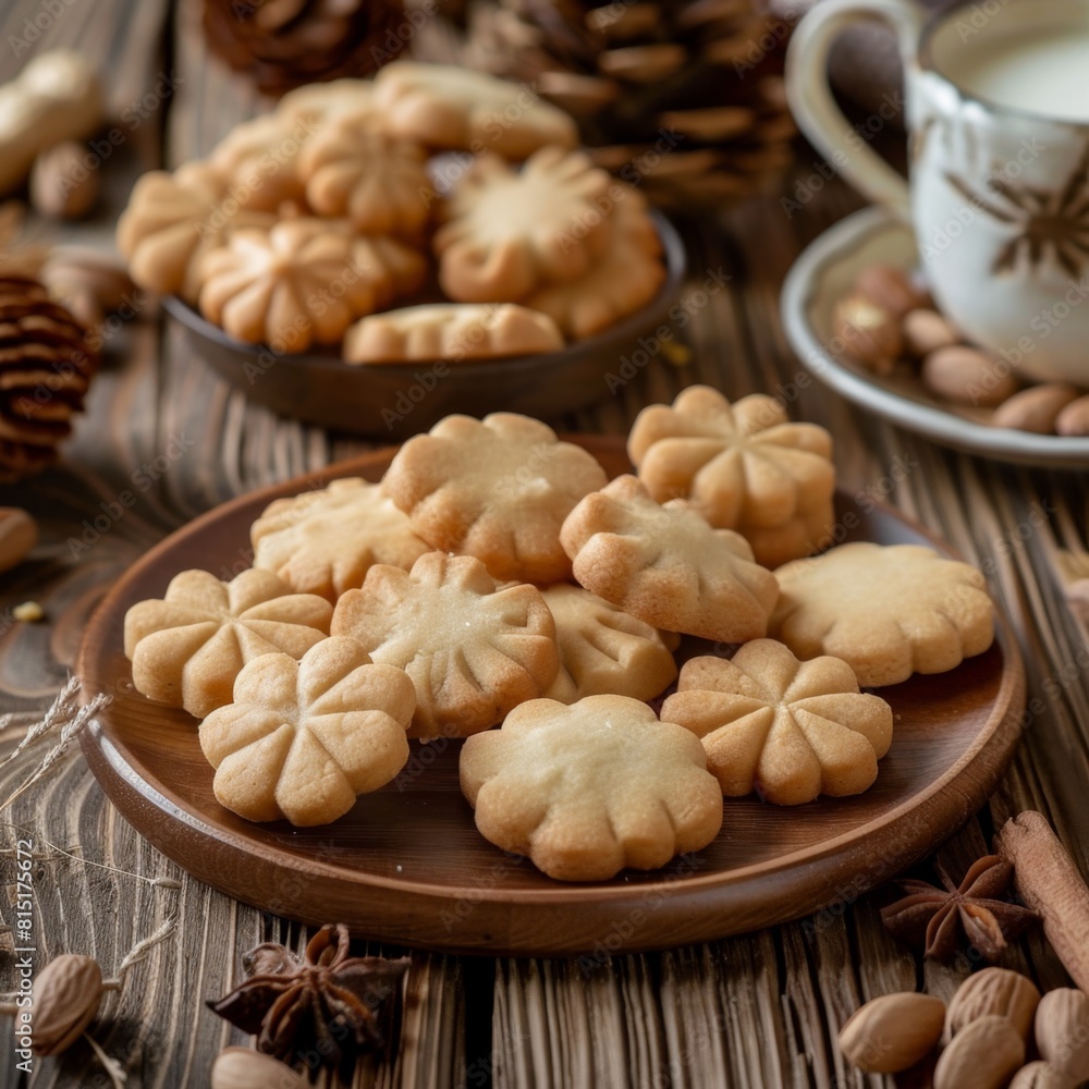 Nut cookies, walnut biscuits, butter cookies, crackers pile in shape of flowers, snowflakes, stars, round shortbread Nut cookies, walnut biscuits, butter cookies, crackers pile in shape of flowers, snowflakes, stars, round shortbread