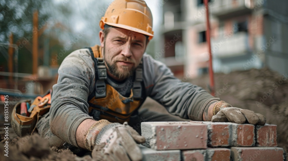 Focused man installing bricks carefully with precision on a building site Focused man installing bricks carefully with precision on a building site
