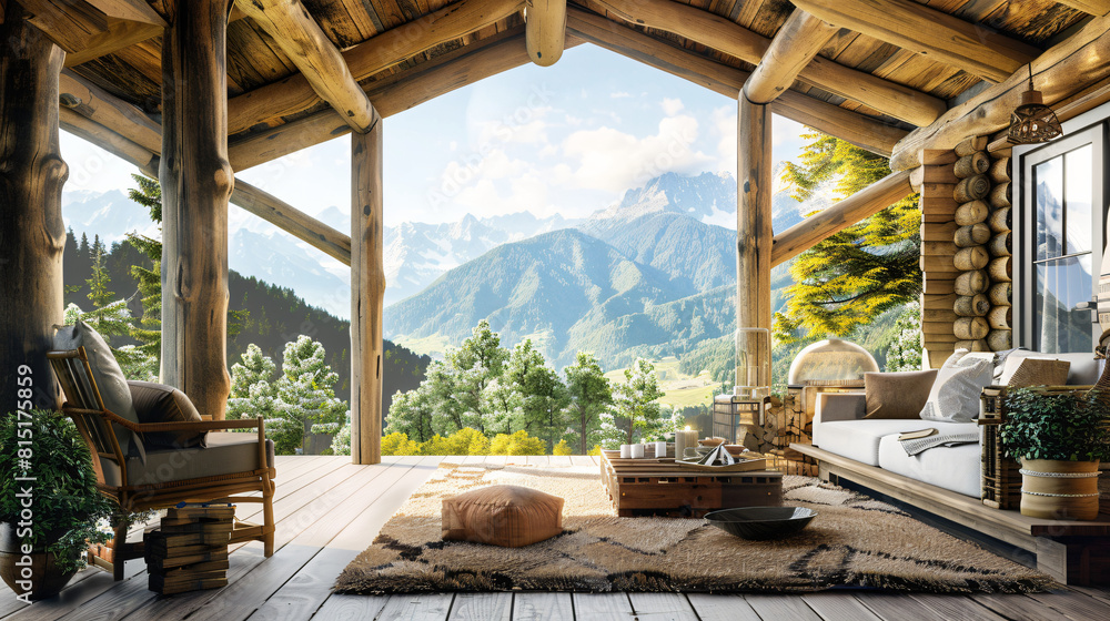 Mountain Serenity: Hyper-Realistic Cozy Cabin Retreat with Wrap-Around Porch and Scenic Valley Views